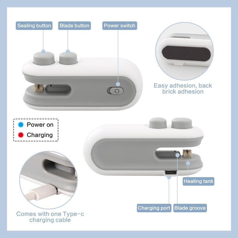 Portable Mini Bag Sealer, 1 Count USB-C Rechargeable Bag Sealer, 2 in 1 Bag Sealer, Mini Bag Resealer Machine for Plastic Bags Snack Bags