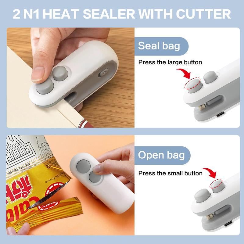 Portable Mini Bag Sealer, 1 Count USB-C Rechargeable Bag Sealer, 2 in 1 Bag Sealer, Mini Bag Resealer Machine for Plastic Bags Snack Bags